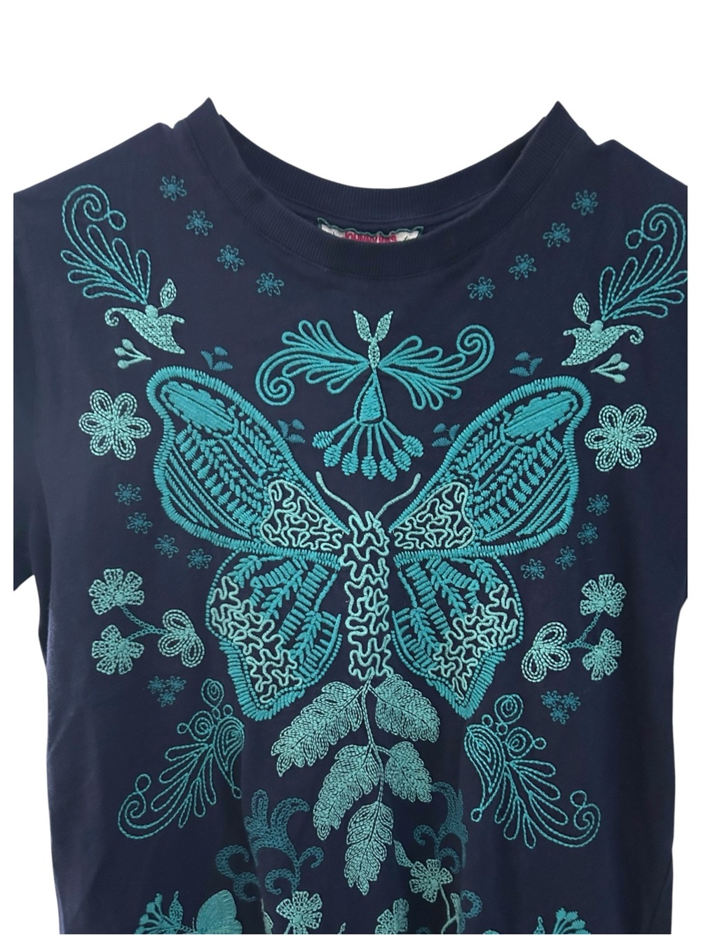 π¦ Johnny Was Navy Embroidered Butterfly Floral Boho Crew Neck TβShirt XS - Picture 8 of 10
